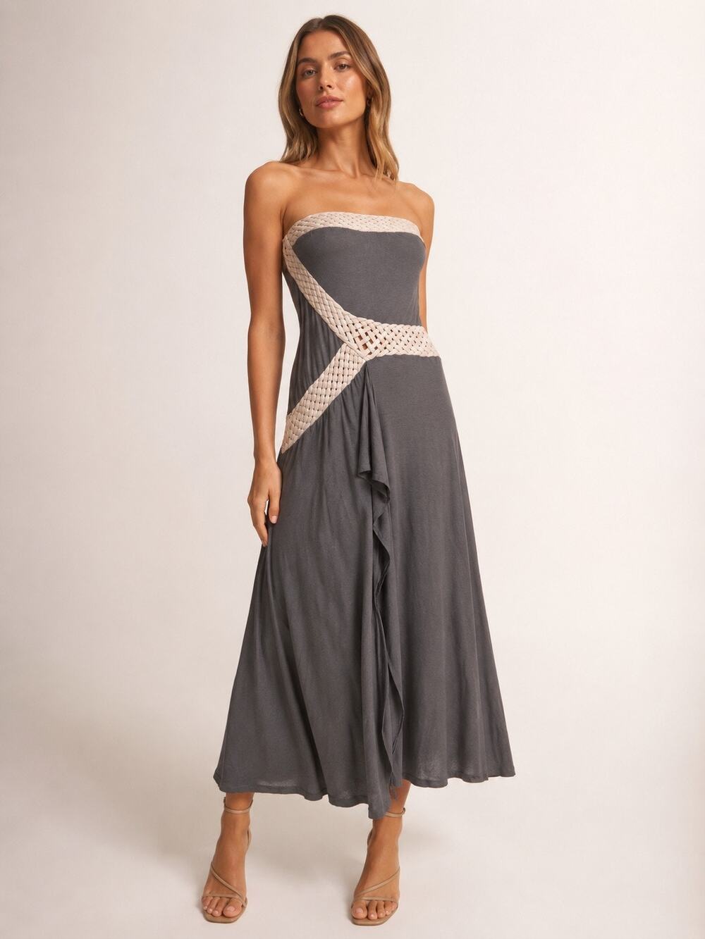 Pegah Anvarian Strapless Braided Trim Jersey Silk Cashmere Midi Dress Size 4